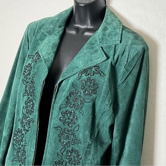 Vintage Suede Leather Green Beaded Black Blazer Single Breast Retro Rockabilly - Picture 2 of 12